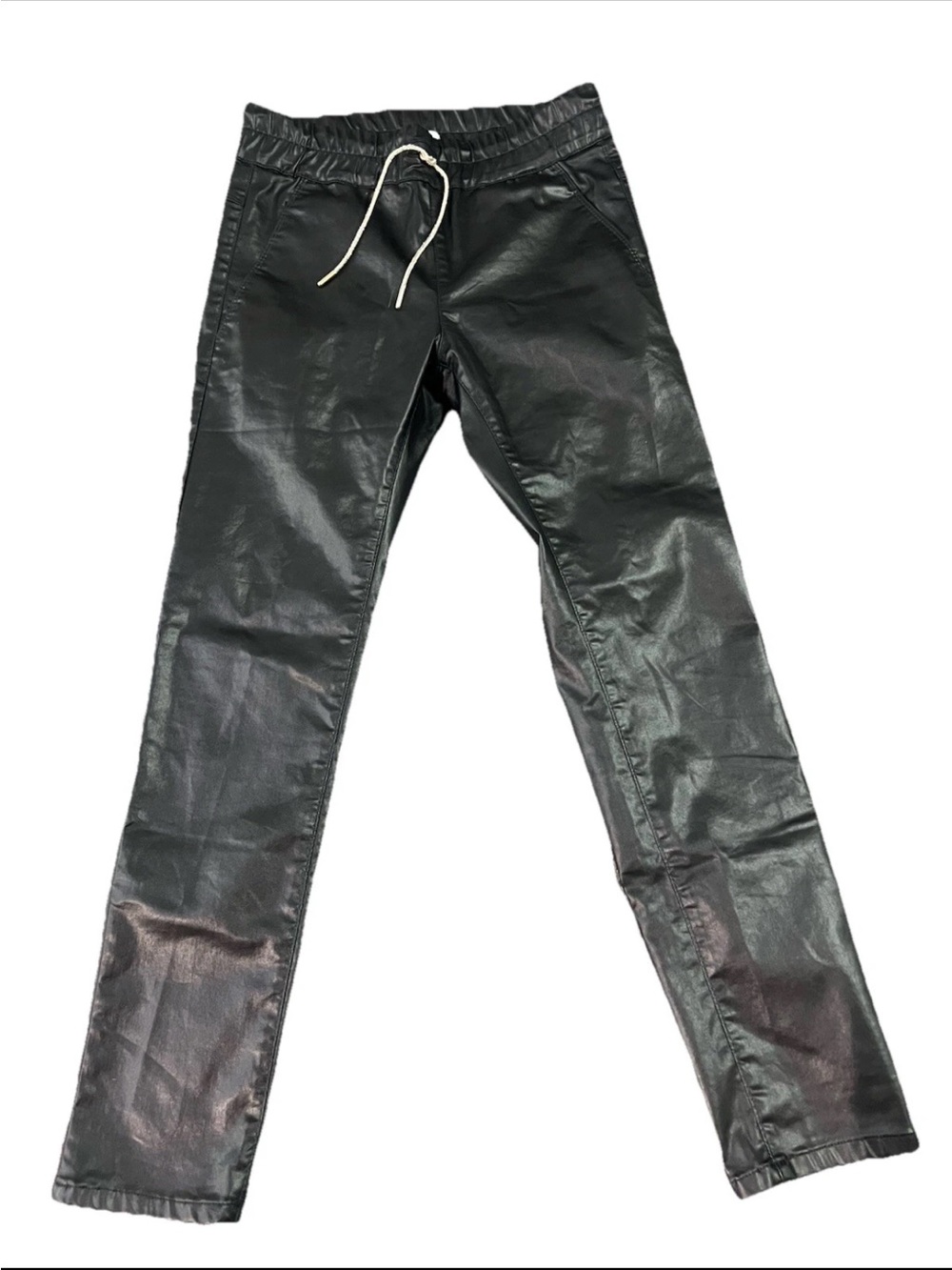Bevy Flog Shely Vegan Leather Pants Black Size 27 With Crystal Drawstring RARE
